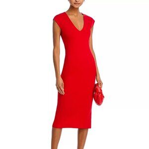 Bright Red Fitted Stretch Body Con Midi Deep V-Neck Cap Sleeve Dress XS-L